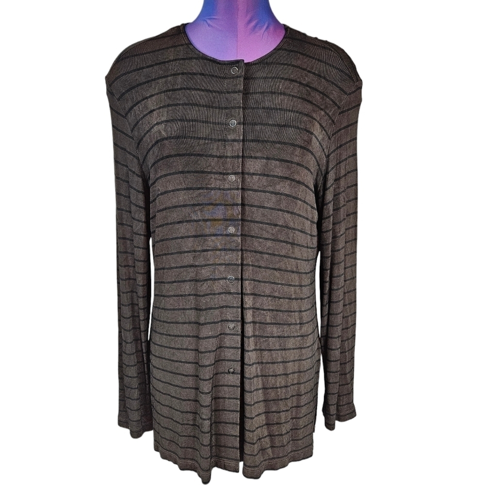 Chico's Travelers Brown & Black Striped Front Snap Cardigan Size Medium D103